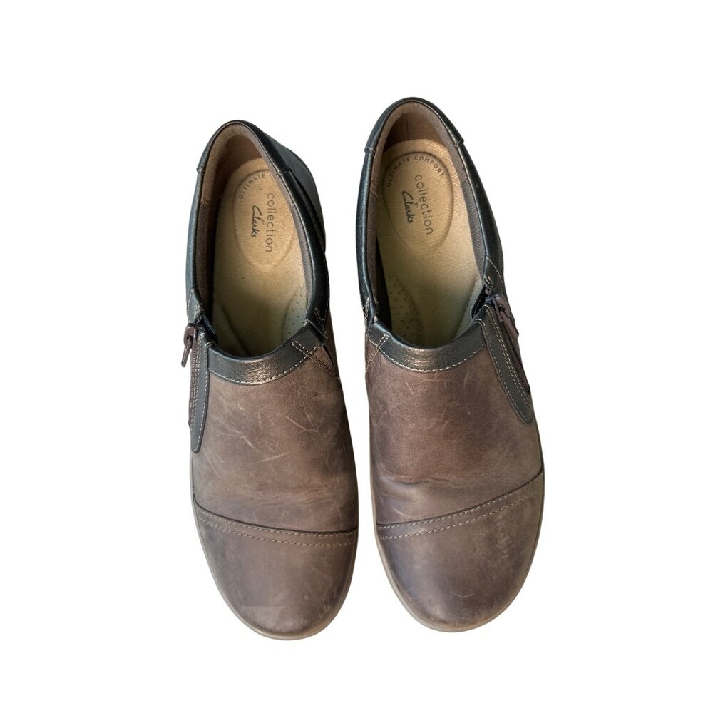 Clarks Brown Leather Slip-On Shoes Women's 9 Side Zip Cushioned Insoles Sneakers - Picture 3 of 16
